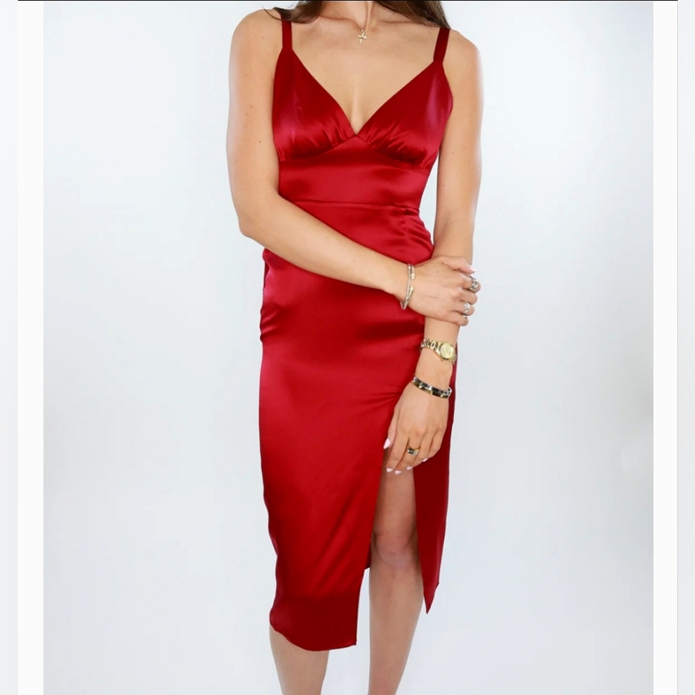 NEW Amanda Uprichard Holiday Leilani 100% Silk Midi Dress – Scarlet Red, Size LG - Picture 2 of 11